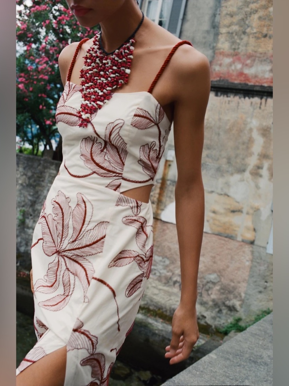 Zara Cream Midi Cotton Dress with Burgundy Floral Bohemian Print